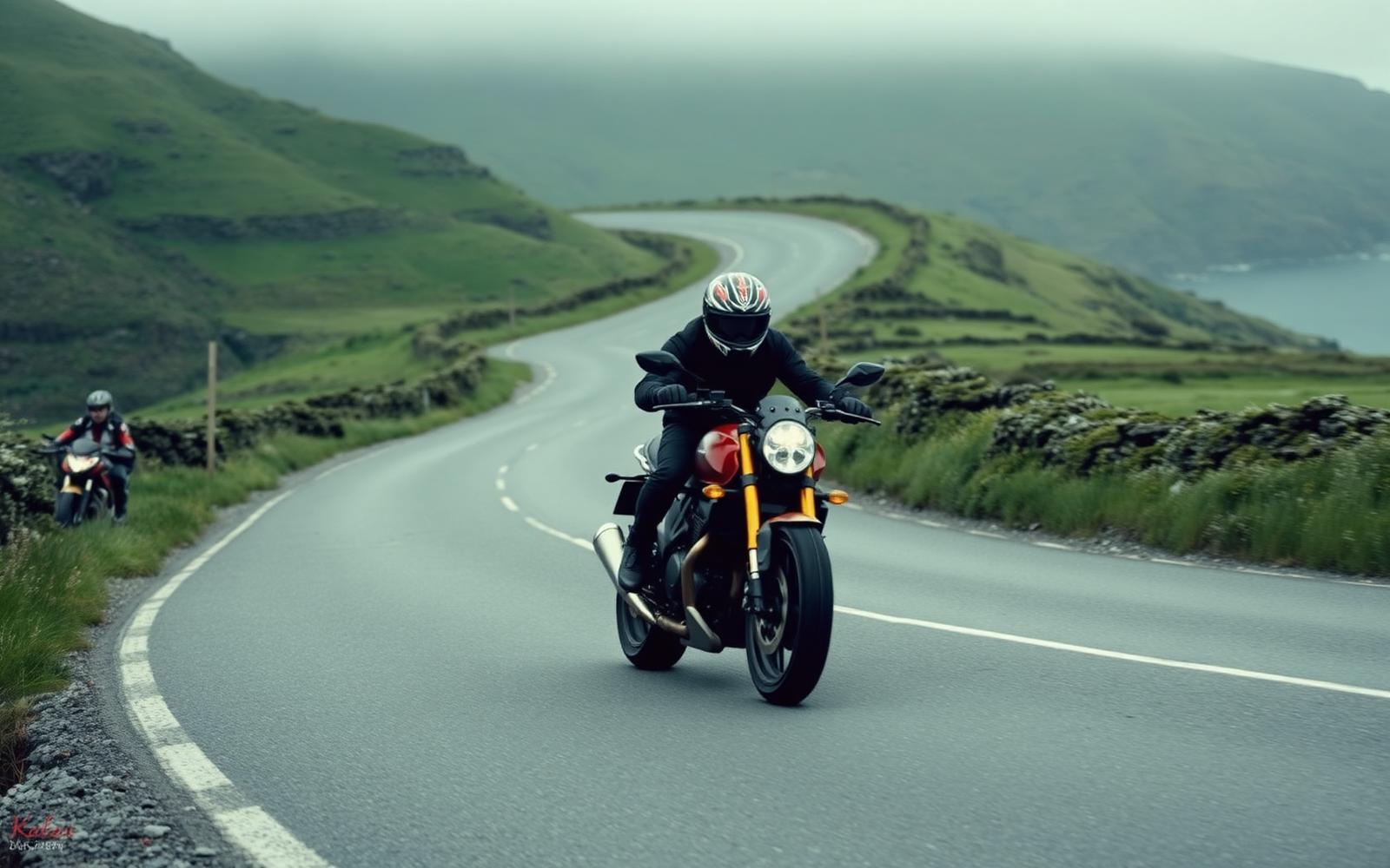 Motorcyclists riding a winding coastal road in Ireland
